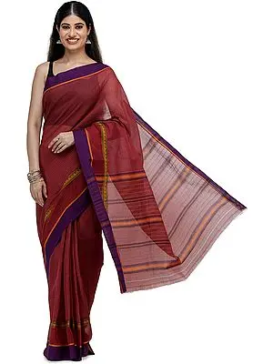 Ruby-Wine Venkatagiri Sari from Chennai with Woven Border and Pin-stripes