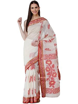 Ivory Purbasthali Handloom Sari from Bengal with Woven Border and Pallu