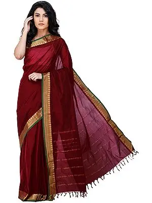 Garnet-Red Kanji-Cotton Sari from Chennai with Zari-Woven Border and Tassels