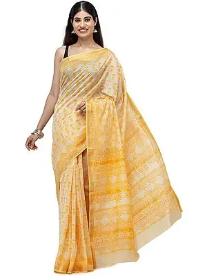 Sunset-Gold Maheshwari Handloom Sari from Madhya Pradesh with Block Printed Motifs and Woven Pin-Stripes