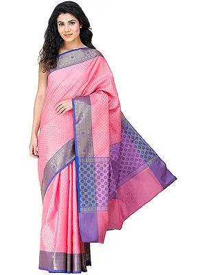 Sangria-Sunset Brocaded Sari from Chennai with Zari Woven Flowers on Border