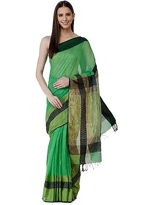Jade-Green Cotton-Silk Sari from Chennai with Zari Woven Patterns on Border and Pallu
