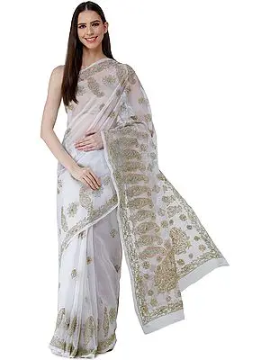 Onyx-White Sari from Lucknow with Chikan Hand-Embroidered Paisleys and Flowers on Anchal