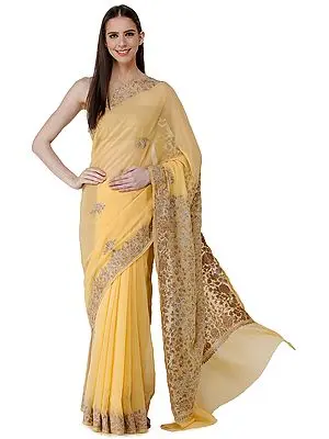 Sunset-Gold Sari from Kashmir with Tonal Aari-Embroidered Flowers and Silver Zari Accents