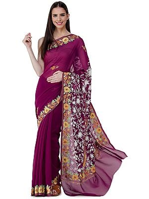 Boysenberry-Purple Sari from Kashmir with Aari-Embroidered Multicolor Flowers