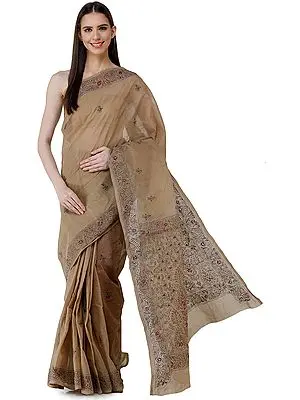 Incense-Brown Sari from Bengal with Kantha Hand-Embroidery on Border and Pallu