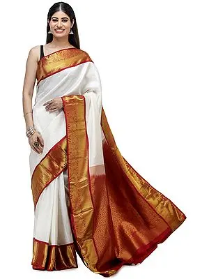 Vanilla-White Brocaded Silk Sari from Chennai with Elephants on Border and Bootis in Self