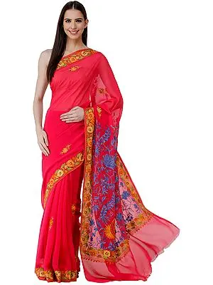 Virtual-Pink Sari from Kashmir with Aari-Embroidered Multicolor Flowers