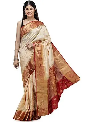 Honey-Peach Silk Sari from Bangalore with Zari-Woven Bootis and  Peacocks on Border