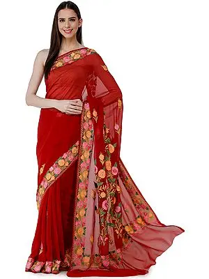 Savvy-Red Sari from Kashmir with Aari-Embroidered Multicolor Flowers On