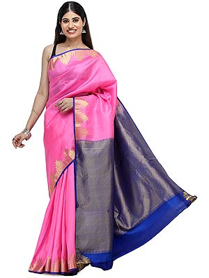 Fuchsia-Pink Sari from Chennai with Zari Woven Pallu and Temple Border