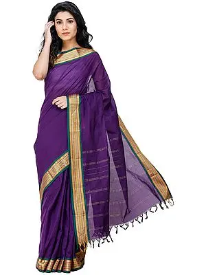 Imperial-Purple Kanji-Cotton Sari from Chennai with Zari-Woven Border and Tassels