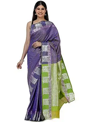Deep-Blue Banarasi Silk Brocaded Sari with Lime-Green Pallu