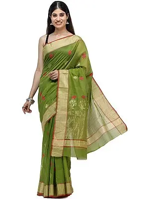 Cardamom-Green Chanderi Saree from Madhya Pradesh with Zari-Woven Border and Flowers