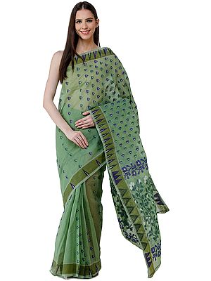 Handloom Tangail Saree from Bengal with Woven Temple Border and Floral Pallu