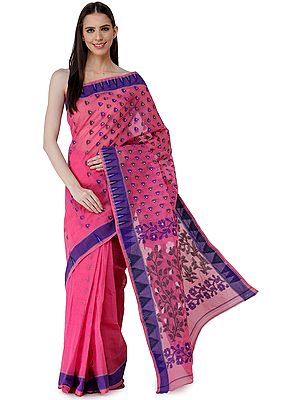 Handloom Tangail Sari from Bengal with Woven Temple Border and Floral Pallu
