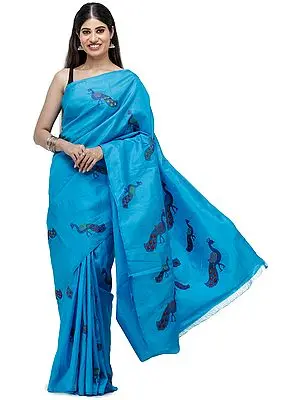 Vivid-Blue Pure Silk Sari from Chennai with Embroidered Peacocks