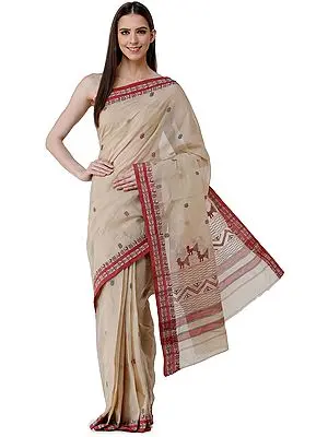 Warm-Sand Handloom Tangail Sari from Bengal with Woven Border and Pallu