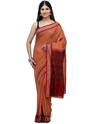 Rust-Brown Sambalpuri Handloom Saree from Odisha with Ikat Woven Border and Pallu