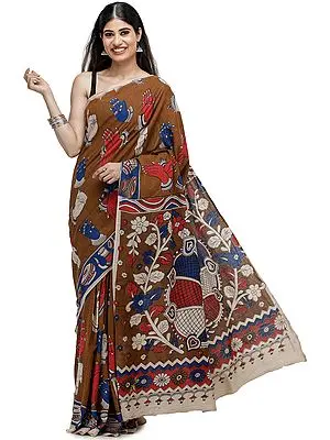 Caramel-Café Kalamkari Printed Cotton Saree with Dance Hand-Mudra Motifs All-Over