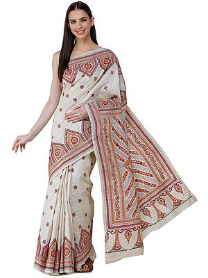 Bleached-Sand Pure Silk Sari from Bengal with Kantha Hand-Embroidered Flowers and Heavy Pallu
