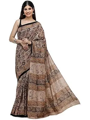 Rose-Dust Kalamkari Sari from Telangana with Printed Flowers All-Over