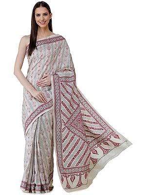 Winter-White Pure Silk Sari from Bengal with Kantha Hand-Embroidered Motifs and Heavy Pallu