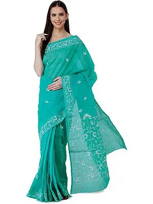 Waterfall-Green Lukhnavi Chikan Sari with Hand-Embroidered Flowers on Border and Pallu