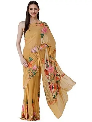 Amber-Gold Sari from Kashmir with Aari-Embroidered Multicolor Flowers