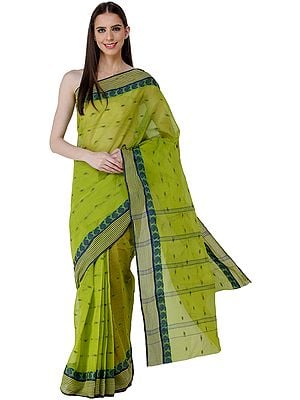 Apple-Green Tant Sari from Bengal with Woven Border and Stripes on Pallu
