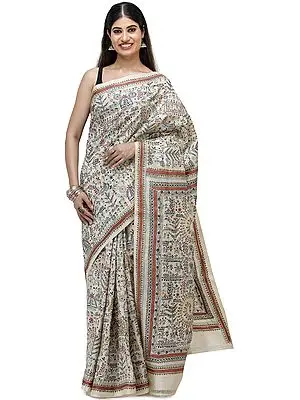 Vanilla-White Pure Silk Sari with Heavily Hand-Embroidered Kantha Motifs from Kolkata