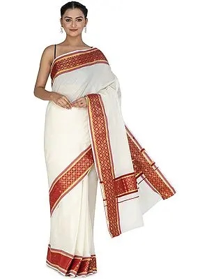 Antique-White Banarasi Cotton Sari with Brocaded Red Patch Border