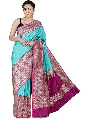 Ceramic-Blue Handloom Banarasi Silk Brocaded Saree with Heavy Fuchsia Border and Pallu