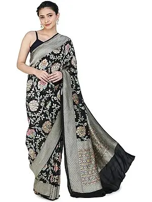Black-Beauty Handloom Banarasi Saree with Brocaded Floral Motifs and Heavy Pallu