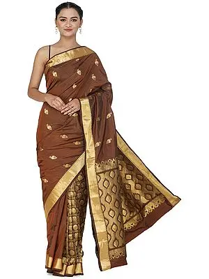 Cognac-Brown Brocaded Handloom Uppada Sari from Bangalore with Peacock Motifs and Heavy Pallu