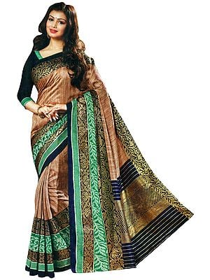 Mocha-Brown Silk Sari from Surat with Brocaded Blue-Green Border