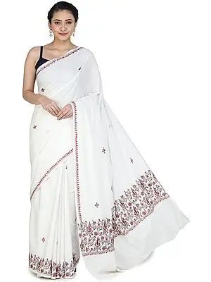 Snow-White Sari from Kashmir with Sozni Hand-Embroidery