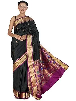 Caviar-Black Brocaded Paithani Uppada Fusion Silk Sari from Bangalore with Purple Border and Peacocks on Pallu