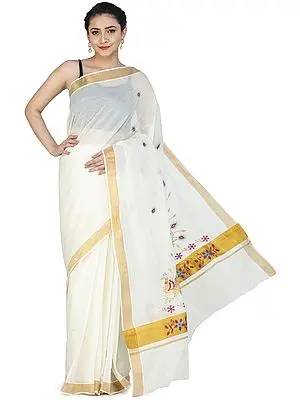 Antique-White Kasavu Sari from Kerala with Embroidered Peacocks and Golden Border