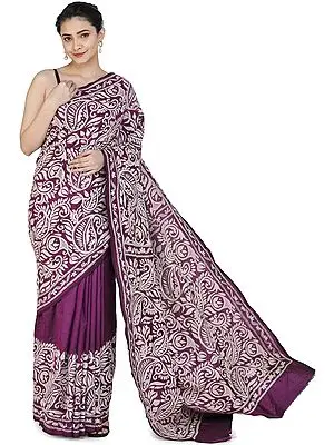Dark-Purple Pure Silk Sari from Bengal with Kantha Hand-Embroidered Flowers and Heavy Pallu