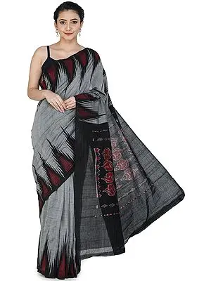 Drizzle-Gray Pochampally Handloom Sari from Telangana with Ikat Woven Black Border and Pallu