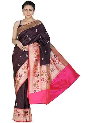 Blackberry-Wine Handloom Banarasi Silk Brocaded Sari with Heavy Kadhwa Border and Pallu