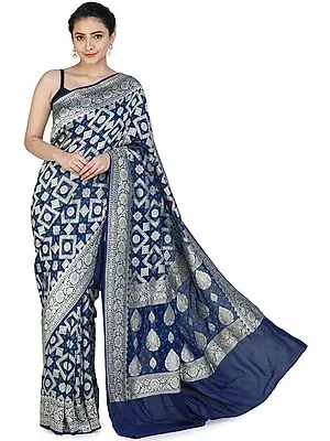 Medieval-Blue Banarasi Handloom Saree with Heavily Brocaded Patterns and Floral Pallu