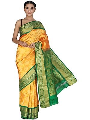 Zinnia-Yellow Brocaded Uppada Silk Saree from Bangalore with Green Border and Peacocks on Pallu