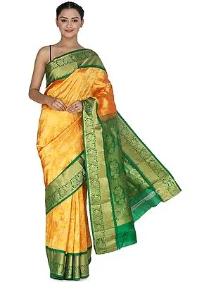 Zinnia-Yellow Brocaded Uppada Silk Sari from Bangalore with Green Border and Peacocks on Pallu
