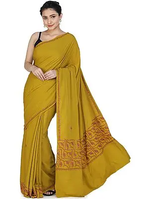 Olive-Yellow Sari from Kashmir with Sozni Hand-Embroidery