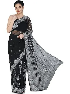Black-Onyx Sari from Lucknow with Chikan Hand-Embroidered Paisleys and Flowers on Anchal