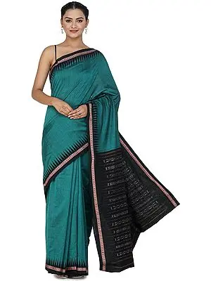 Alexandrite-Green Sambalpuri Handloom Saree from Orissa with Ikat Woven Border and Pallu