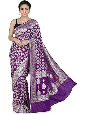 Royal-Lilac Banarasi Handloom Sari with Heavily Brocaded Patterns  All-over and Floral Pallu