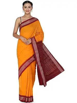 Dark-Cheddar Sambhalpuri Handloom Sari from Orissa with Ikat Woven Border and Pallu